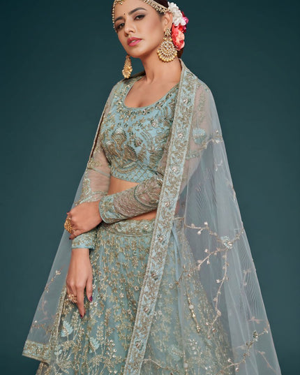 Designer Soft Net Lehenga Choli | Zari, Badla & Glitter Dori Embroidery | A-Line Semi-Stitched - Rosepetals Luxe