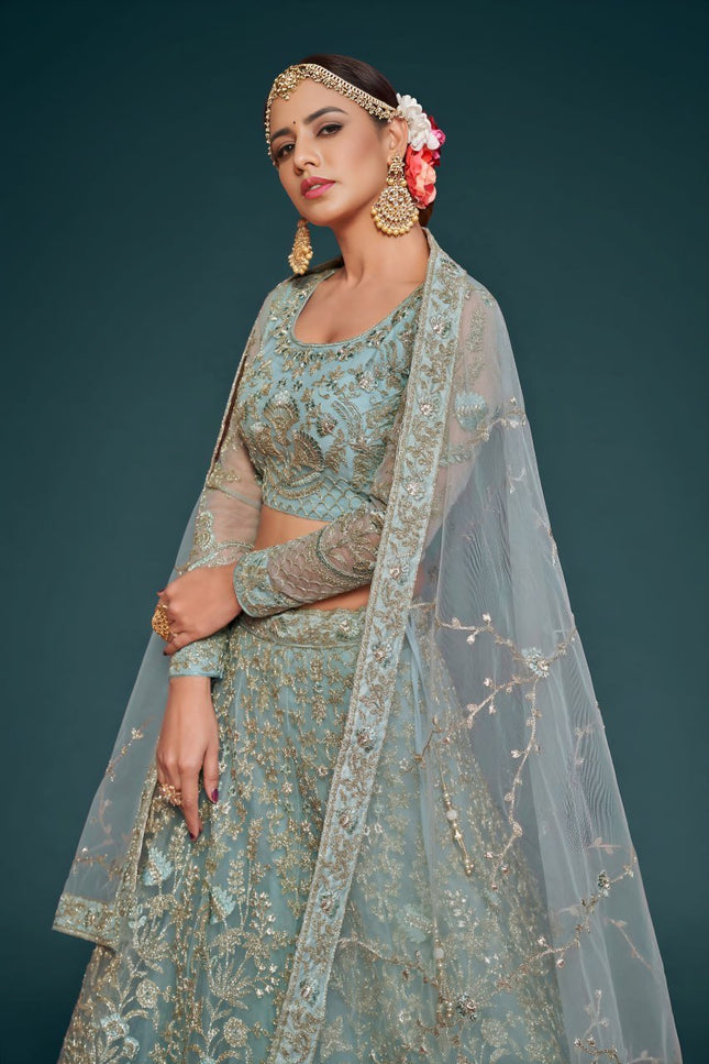 Designer Soft Net Lehenga Choli | Zari, Badla & Glitter Dori Embroidery | A-Line Semi-Stitched - Rosepetals Luxe