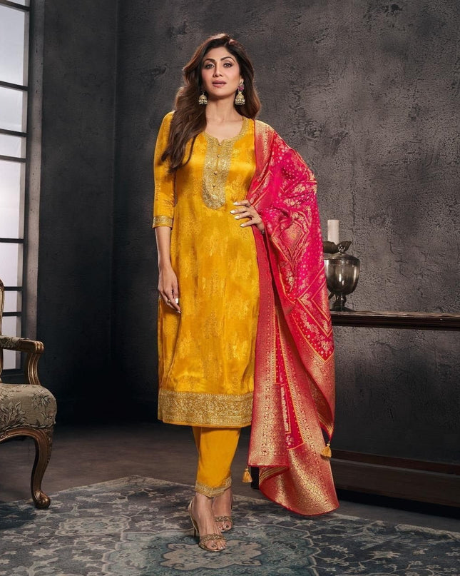 Designer Yellow Pure Banarasi Jacquard Weaving Top, Pant and Dupatta Set - Rosepetals Luxe
