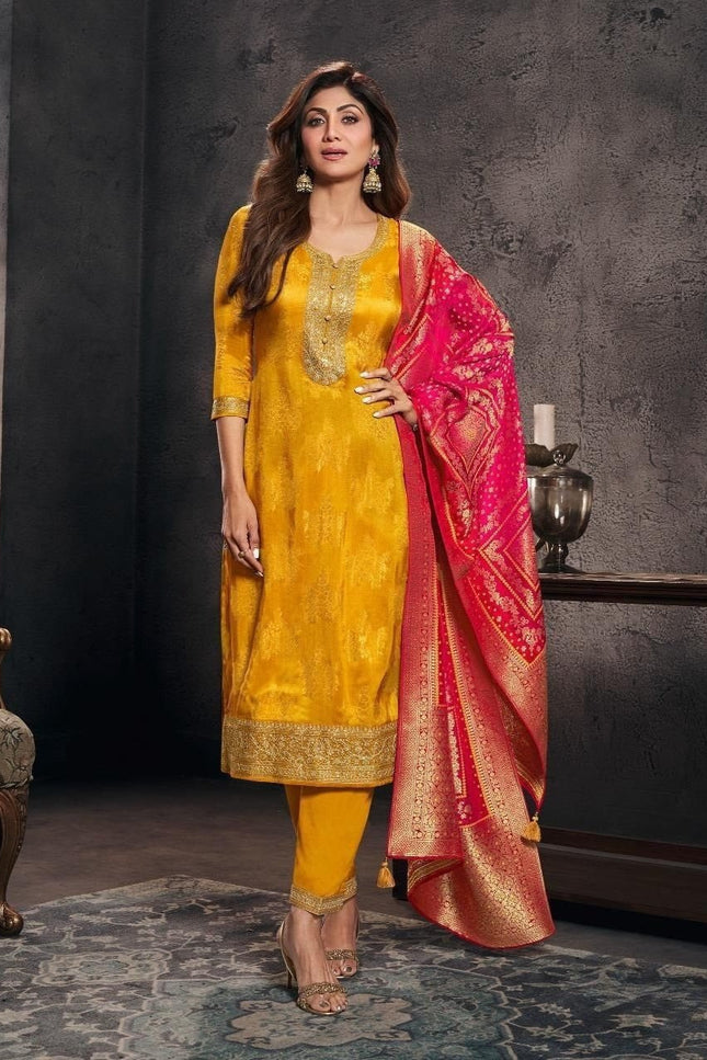 Designer Yellow Pure Banarasi Jacquard Weaving Top, Pant and Dupatta Set - Rosepetals Luxe