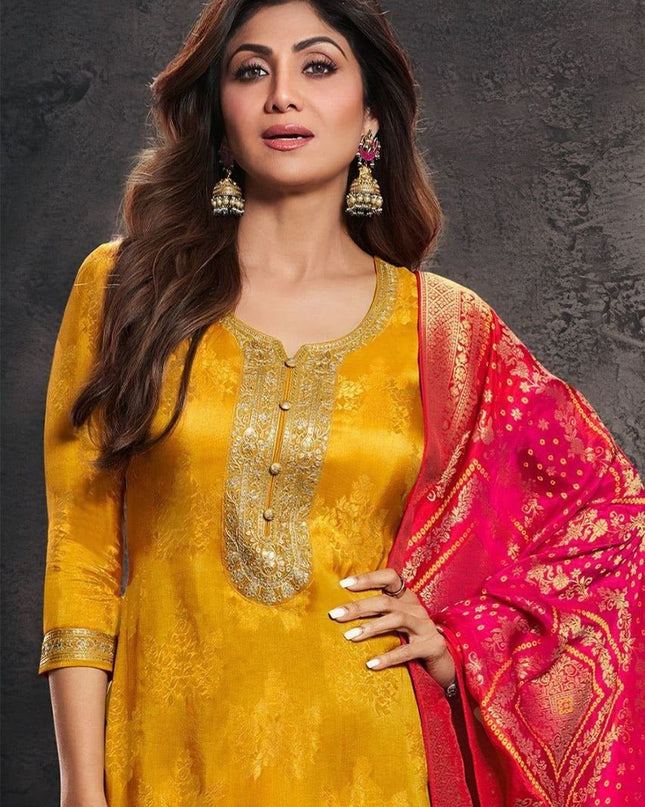 Designer Yellow Pure Banarasi Jacquard Weaving Top, Pant and Dupatta Set - Rosepetals Luxe