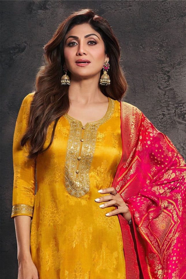 Designer Yellow Pure Banarasi Jacquard Weaving Top, Pant and Dupatta Set - Rosepetals Luxe