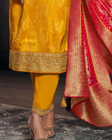 Designer Yellow Pure Banarasi Jacquard Weaving Top, Pant and Dupatta Set - Rosepetals Luxe