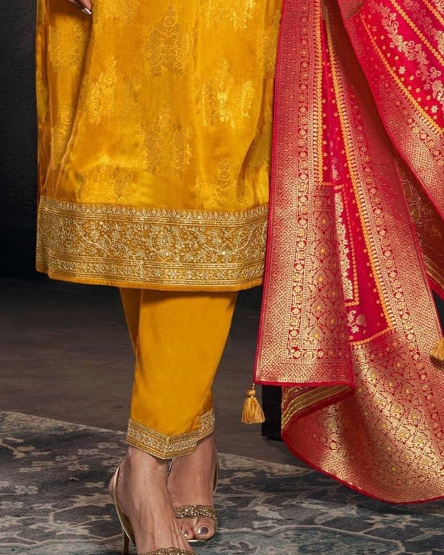 Designer Yellow Pure Banarasi Jacquard Weaving Top, Pant and Dupatta Set - Rosepetals Luxe