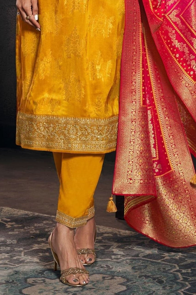 Designer Yellow Pure Banarasi Jacquard Weaving Top, Pant and Dupatta Set - Rosepetals Luxe