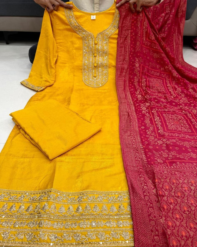 Designer Yellow Pure Banarasi Jacquard Weaving Top, Pant and Dupatta Set - Rosepetals Luxe