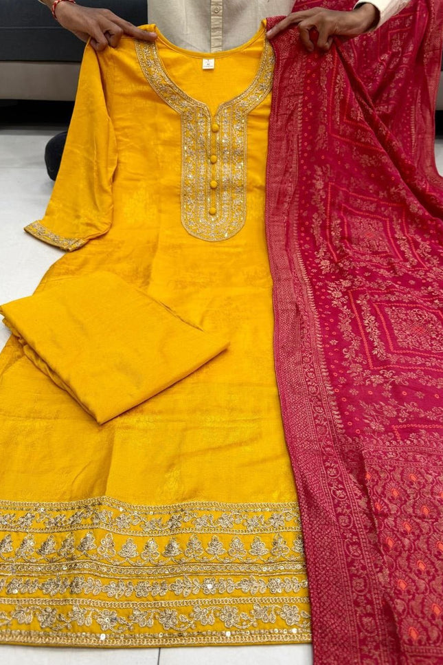 Designer Yellow Pure Banarasi Jacquard Weaving Top, Pant and Dupatta Set - Rosepetals Luxe