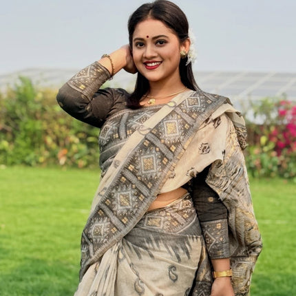 Digital Print Linen Saree with Matching Blouse | 6.30M | Festive & Everyday Wear - Rosepetals Luxe