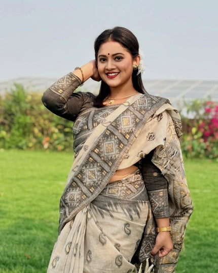 Digital Print Linen Saree with Matching Blouse | 6.30M | Festive & Everyday Wear - Rosepetals Luxe