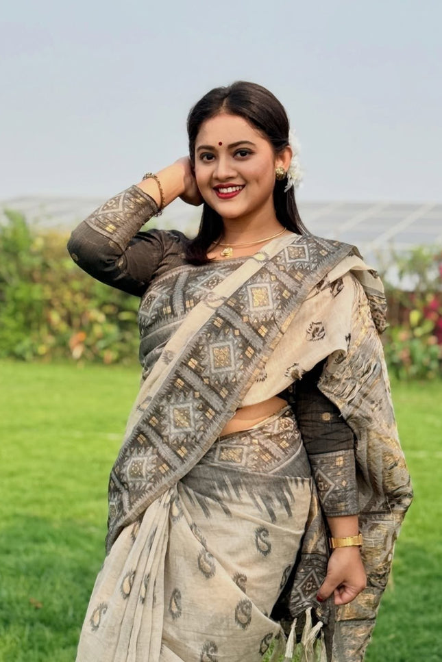 Digital Print Linen Saree with Matching Blouse | 6.30M | Festive & Everyday Wear - Rosepetals Luxe
