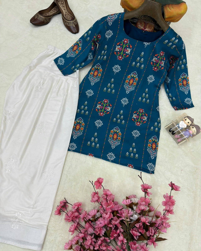 Digital Print Maslin Kurti & Farshi Plazzo Set | Deep Teal | Festive Ethnic Wear - Rosepetals Luxe