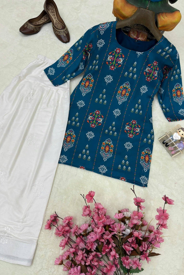 Digital Print Maslin Kurti & Farshi Plazzo Set | Deep Teal | Festive Ethnic Wear - Rosepetals Luxe