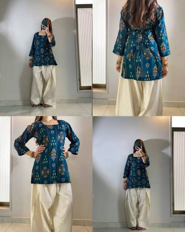 Digital Print Maslin Kurti & Farshi Plazzo Set | Deep Teal | Festive Ethnic Wear - Rosepetals Luxe