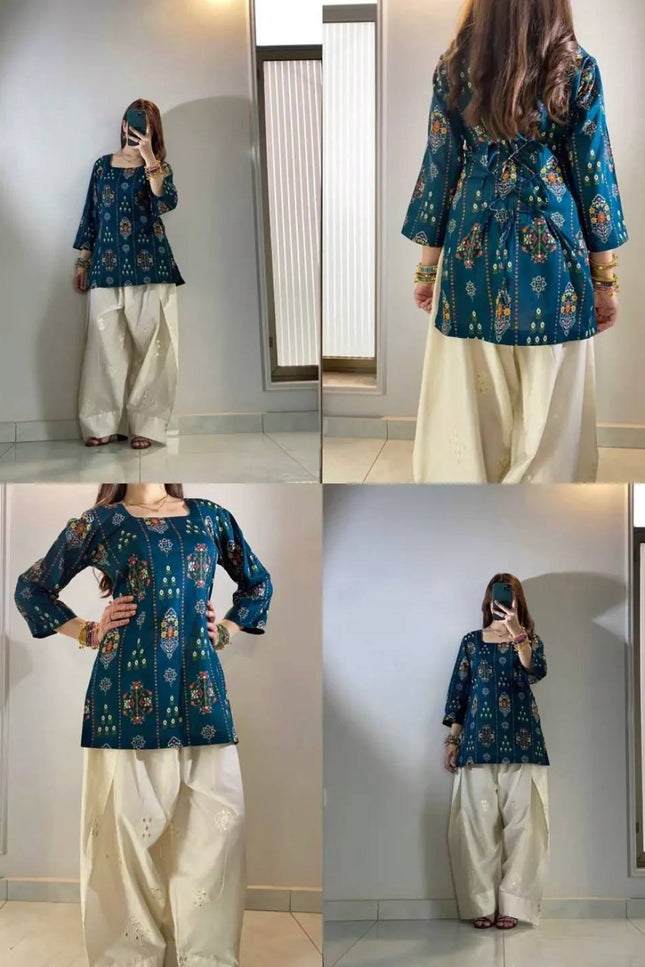 Digital Print Maslin Kurti & Farshi Plazzo Set | Deep Teal | Festive Ethnic Wear - Rosepetals Luxe