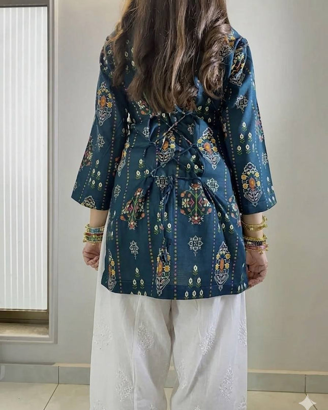 Digital Print Maslin Kurti & Farshi Plazzo Set | Deep Teal | Festive Ethnic Wear - Rosepetals Luxe