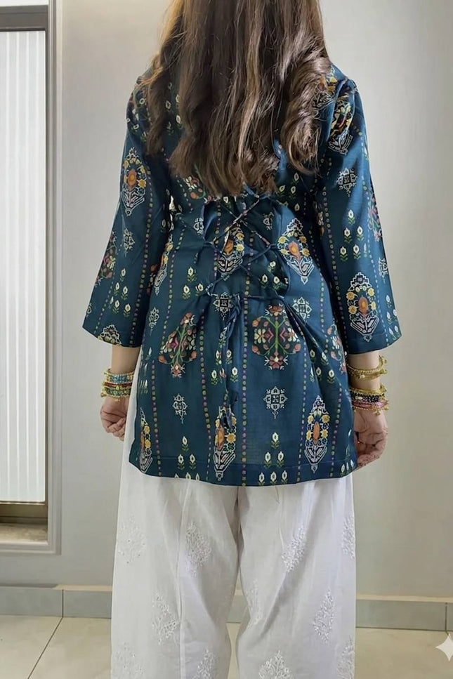 Digital Print Maslin Kurti & Farshi Plazzo Set | Deep Teal | Festive Ethnic Wear - Rosepetals Luxe