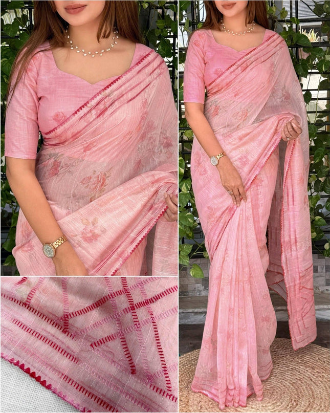 Digital Print Mul Cotton Saree with Lurex Zari Weaving and Kantha Embroidery - Rosepetals Luxe