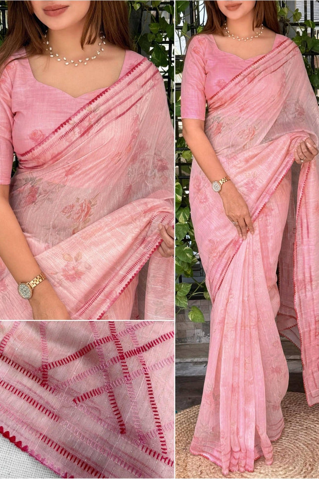 Digital Print Mul Cotton Saree with Lurex Zari Weaving and Kantha Embroidery - Rosepetals Luxe