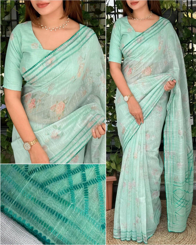 Digital Print Mul Cotton Saree with Lurex Zari Weaving and Kantha Embroidery - Rosepetals Luxe