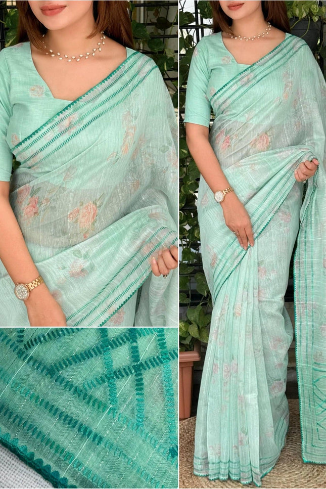 Digital Print Mul Cotton Saree with Lurex Zari Weaving and Kantha Embroidery - Rosepetals Luxe