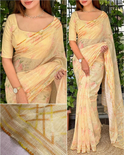 Digital Print Mul Cotton Saree with Lurex Zari Weaving and Kantha Embroidery - Rosepetals Luxe