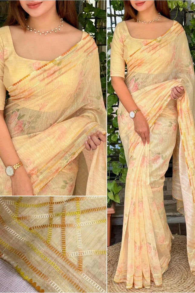 Digital Print Mul Cotton Saree with Lurex Zari Weaving and Kantha Embroidery - Rosepetals Luxe