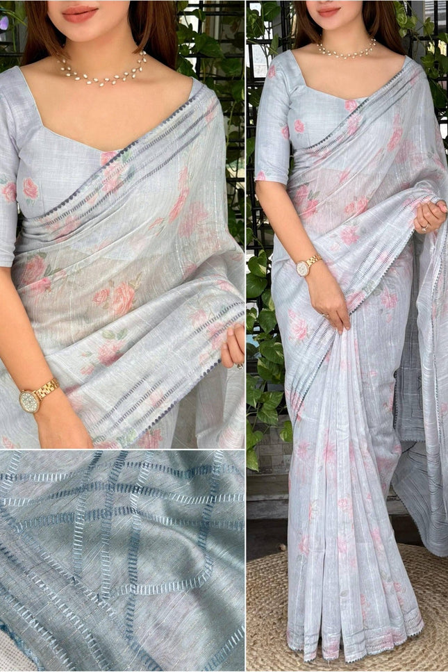 Digital Print Mul Cotton Saree with Lurex Zari Weaving and Kantha Embroidery - Rosepetals Luxe