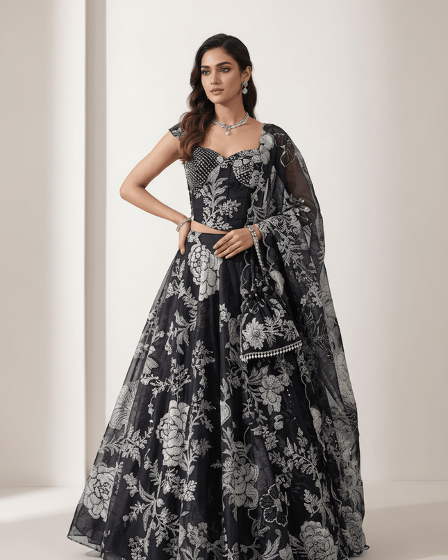 Digital Printed Black Organza Lehenga | 8 - Metre Flair | Embroidery & Sequence Work | Designer Batwa Bag - Rosepetals Luxe