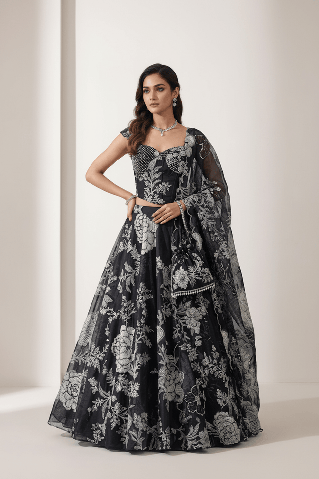 Digital Printed Black Organza Lehenga | 8 - Metre Flair | Embroidery & Sequence Work | Designer Batwa Bag - Rosepetals Luxe