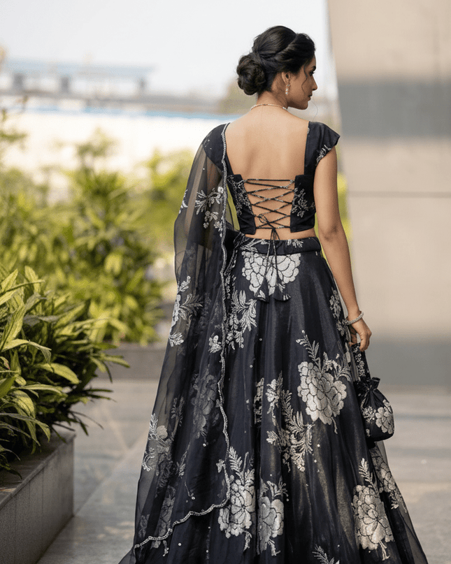 Digital Printed Black Organza Lehenga | 8 - Metre Flair | Embroidery & Sequence Work | Designer Batwa Bag - Rosepetals Luxe