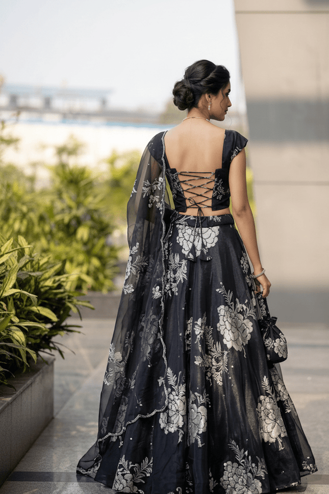 Digital Printed Black Organza Lehenga | 8 - Metre Flair | Embroidery & Sequence Work | Designer Batwa Bag - Rosepetals Luxe