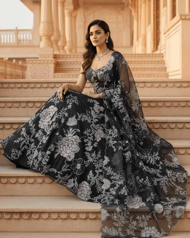 Digital Printed Black Organza Lehenga | 8 - Metre Flair | Embroidery & Sequence Work | Designer Batwa Bag - Rosepetals Luxe