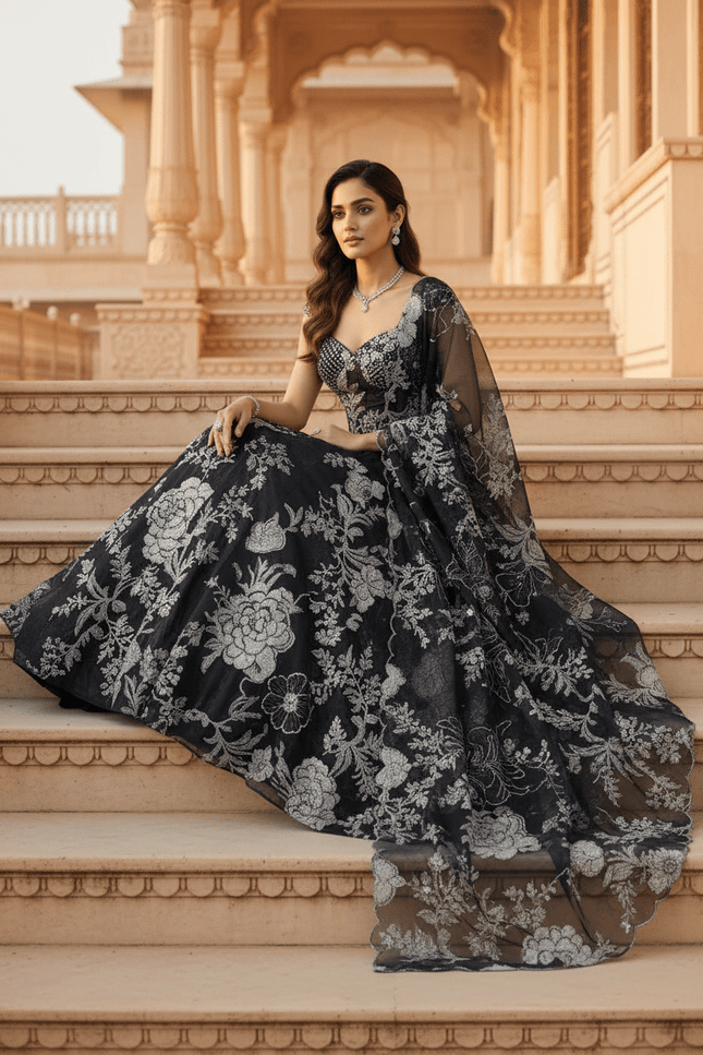 Digital Printed Black Organza Lehenga | 8 - Metre Flair | Embroidery & Sequence Work | Designer Batwa Bag - Rosepetals Luxe