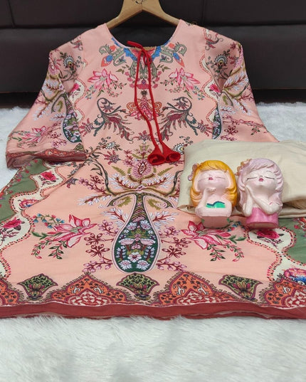 Digital Printed Muslin Co-ord Set with Farshi Shalwar | Breathable Muslin | Sizes M–10XL - Rosepetals Luxe