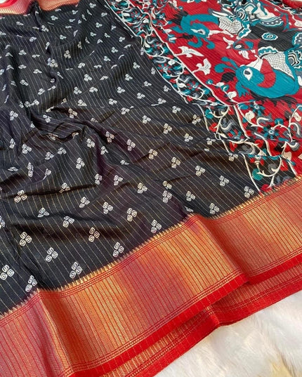 Dola Cotton Kalamkari Print Saree | Jacquard Kanjivaram Zari Border & Pallu | 9 Colours - Rosepetals Luxe