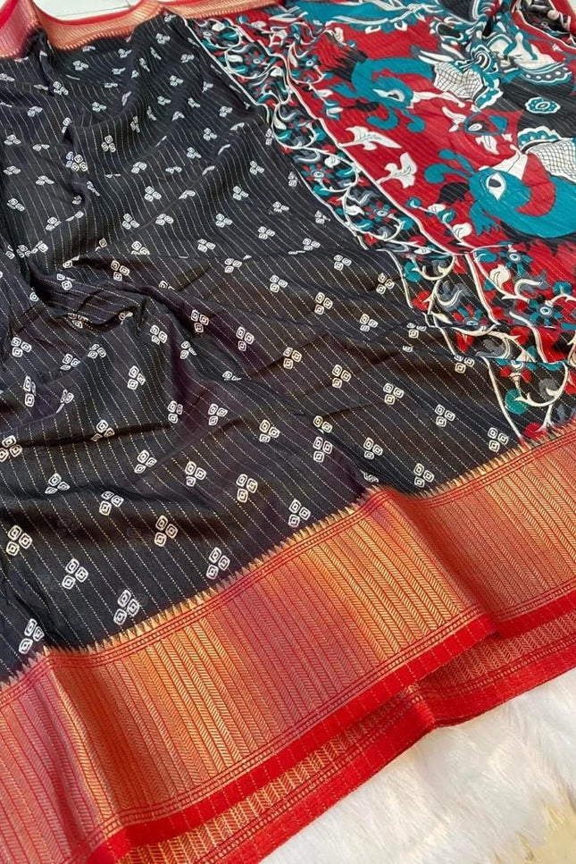 Dola Cotton Kalamkari Print Saree | Jacquard Kanjivaram Zari Border & Pallu | 9 Colours - Rosepetals Luxe