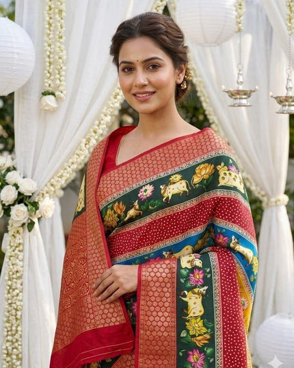 Dola Cotton Kalamkari Print Saree | Jacquard Kanjivaram Zari Border & Pallu | 9 Colours - Rosepetals Luxe