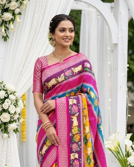 Dola Cotton Kalamkari Print Saree | Jacquard Kanjivaram Zari Border & Pallu | 9 Colours - Rosepetals Luxe