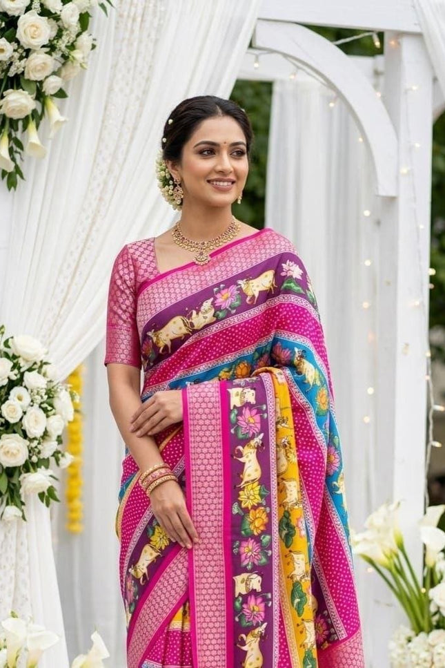Dola Cotton Kalamkari Print Saree | Jacquard Kanjivaram Zari Border & Pallu | 9 Colours - Rosepetals Luxe