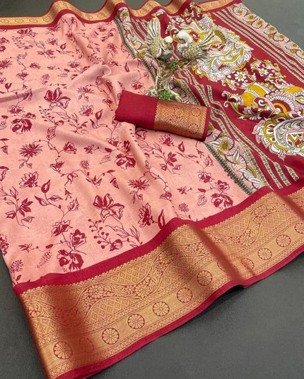 Dola Cotton Kalamkari Print Saree | Jacquard Kanjivaram Zari Border & Pallu | 9 Colours - Rosepetals Luxe