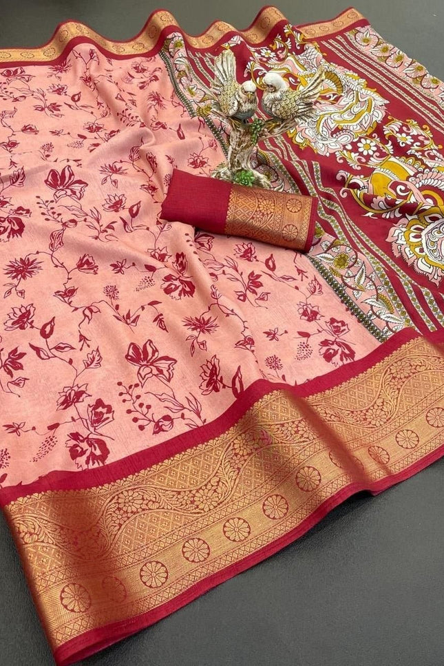 Dola Cotton Kalamkari Print Saree | Jacquard Kanjivaram Zari Border & Pallu | 9 Colours - Rosepetals Luxe