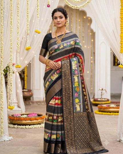 Dola Cotton Kalamkari Print Saree | Jacquard Kanjivaram Zari Border & Pallu | 9 Colours - Rosepetals Luxe