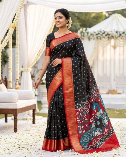 Dola Cotton Kalamkari Print Saree | Jacquard Kanjivaram Zari Border & Pallu | 9 Colours - Rosepetals Luxe