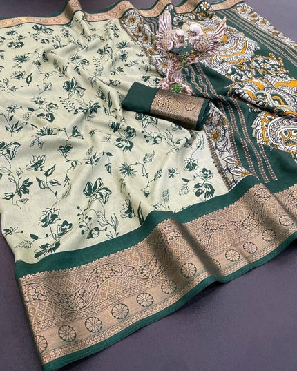 Dola Cotton Kalamkari Print Saree | Jacquard Kanjivaram Zari Border & Pallu | 9 Colours - Rosepetals Luxe