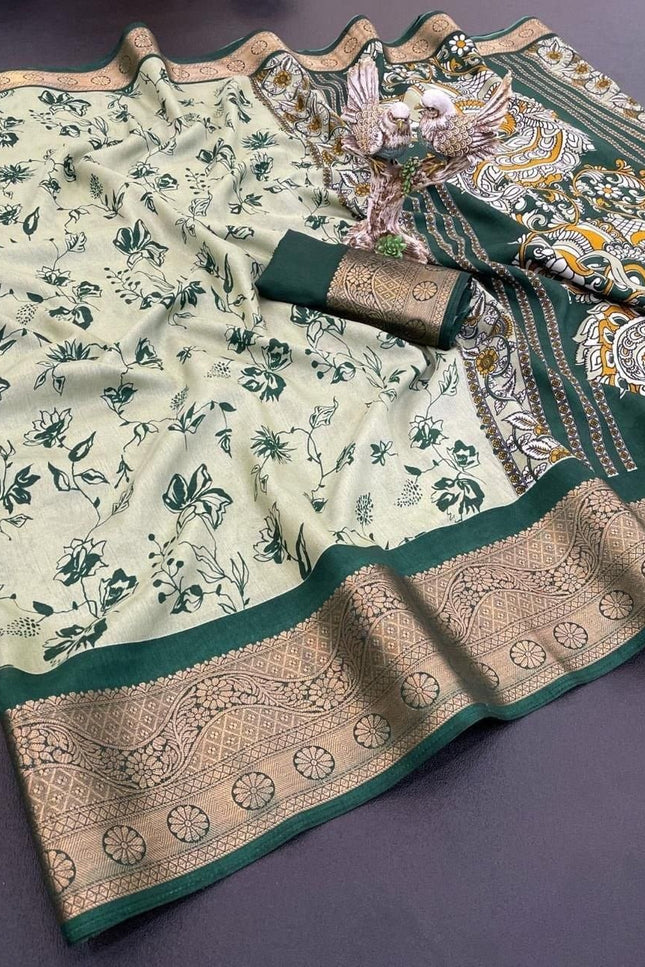 Dola Cotton Kalamkari Print Saree | Jacquard Kanjivaram Zari Border & Pallu | 9 Colours - Rosepetals Luxe