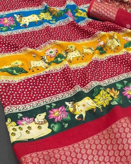 Dola Cotton Kalamkari Print Saree | Jacquard Kanjivaram Zari Border & Pallu | 9 Colours - Rosepetals Luxe