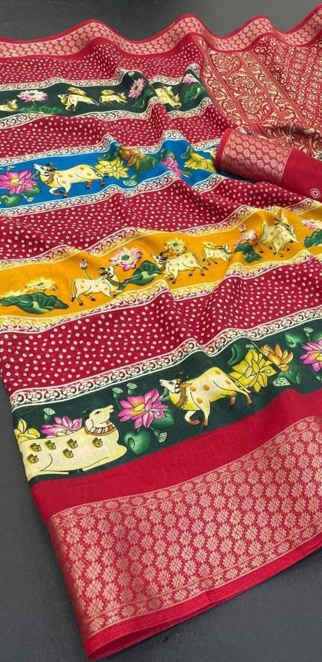 Dola Cotton Kalamkari Print Saree | Jacquard Kanjivaram Zari Border & Pallu | 9 Colours - Rosepetals Luxe