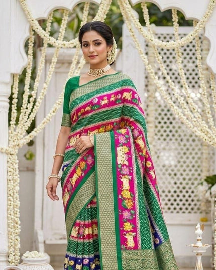 Dola Cotton Kalamkari Print Saree | Jacquard Kanjivaram Zari Border & Pallu | 9 Colours - Rosepetals Luxe