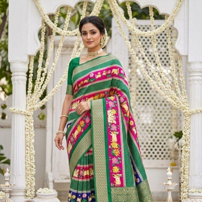 Dola Cotton Kalamkari Print Saree | Jacquard Kanjivaram Zari Border & Pallu | 9 Colours - Rosepetals Luxe