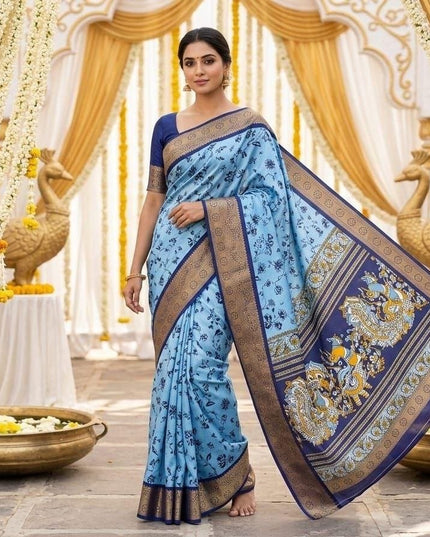 Dola Cotton Kalamkari Print Saree | Jacquard Kanjivaram Zari Border & Pallu | 9 Colours - Rosepetals Luxe